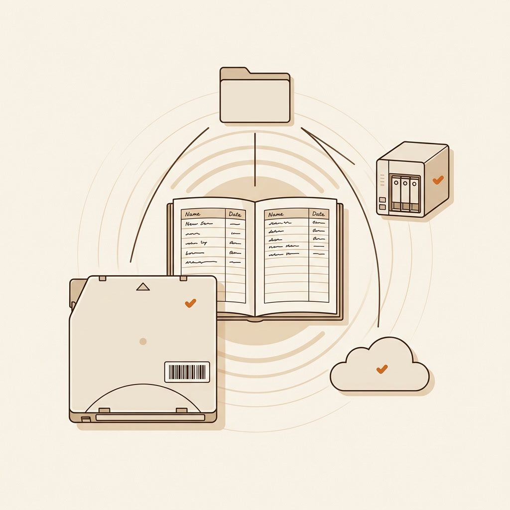 Illustration of the Hiberden model: one folder fans out to an LTO tape cartridge, a NAS, and a cloud, each marked with a verification check, all recorded in one open catalog ledger