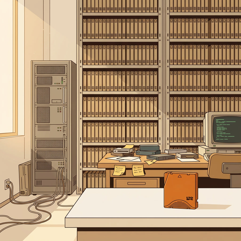 Illustration of a legacy tape archive room: a towering wall of cartridges, an aging server rack, tangled cables, and a cluttered desk, with one ember-orange LTO cartridge set apart in the foreground