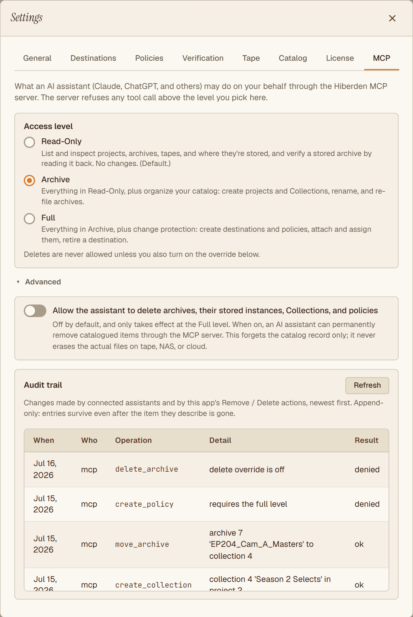 The Hiberden Settings window on its MCP tab: three access levels with Archive selected, the delete override toggle off, and an audit trail listing assistant actions, including two denied attempts.
