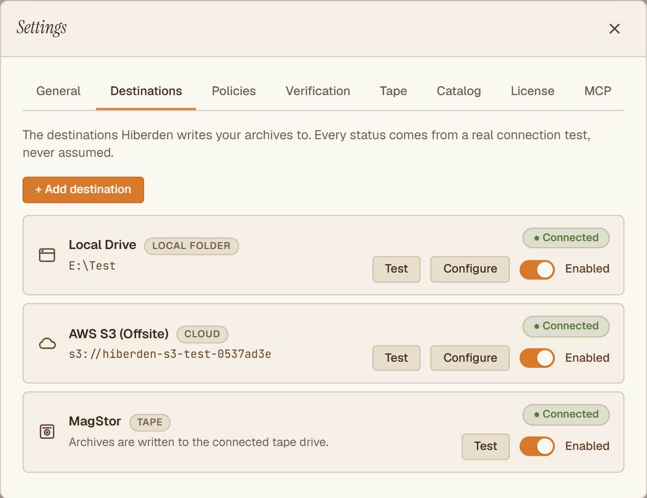 The Hiberden app showing configured destinations: a local drive, an S3 cloud bucket, and a tape drive, each with a Connected status.