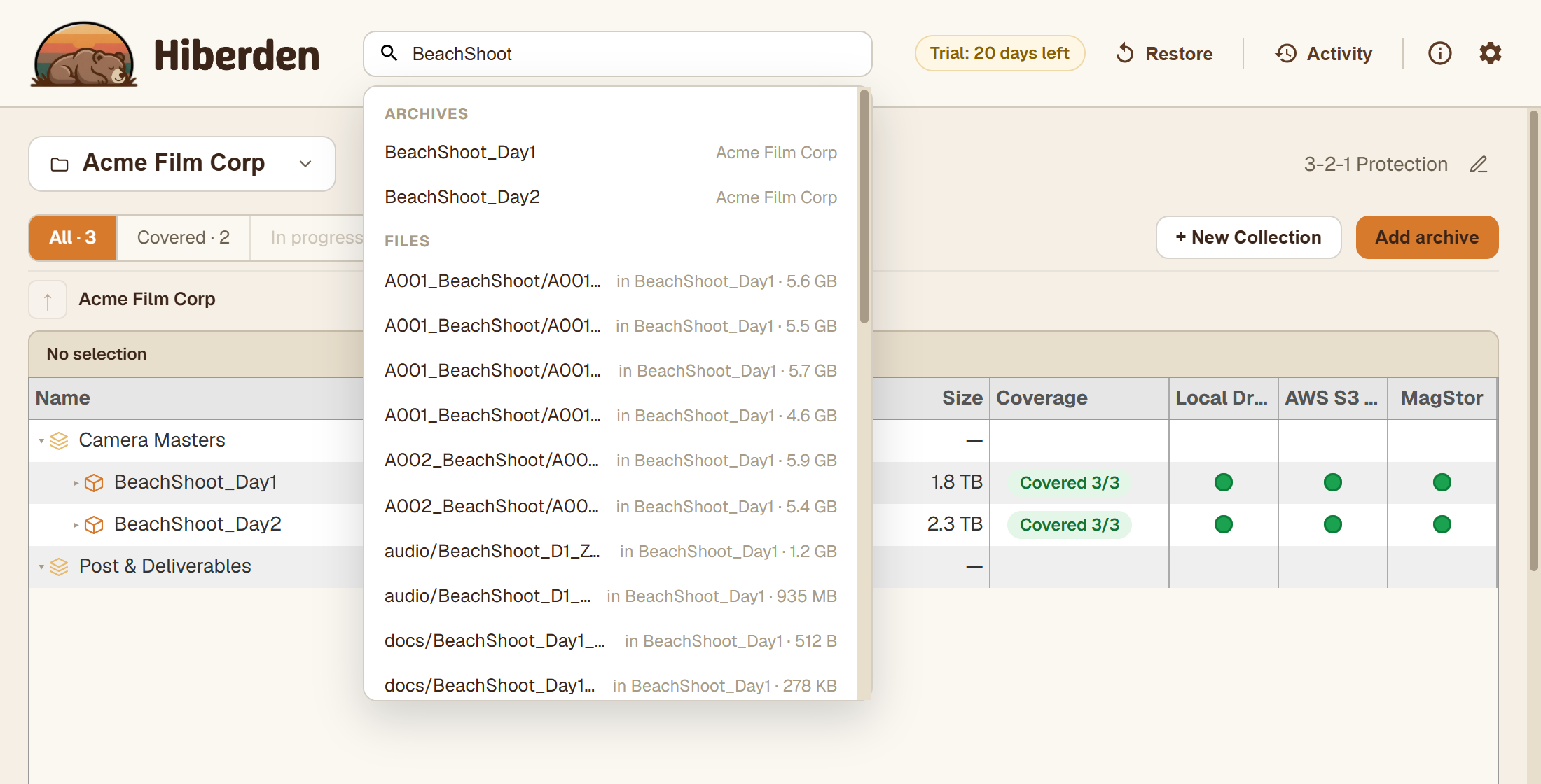 The Hiberden global search finding a file across archives, showing where it lives in each copy.